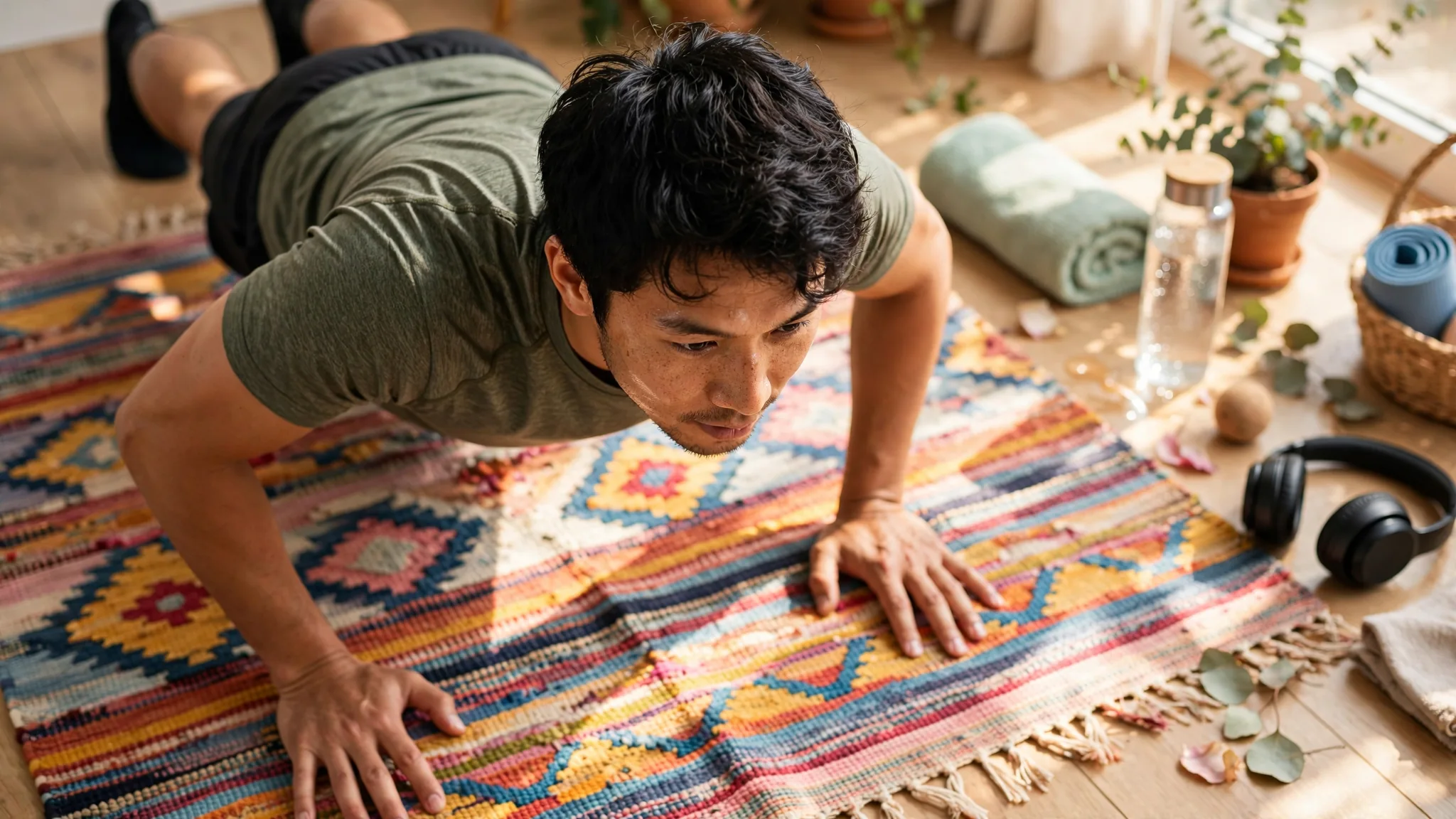 Editorial overhead-ish view athletic adult doing push-up on colorful rug, strong composition and energized daylight.