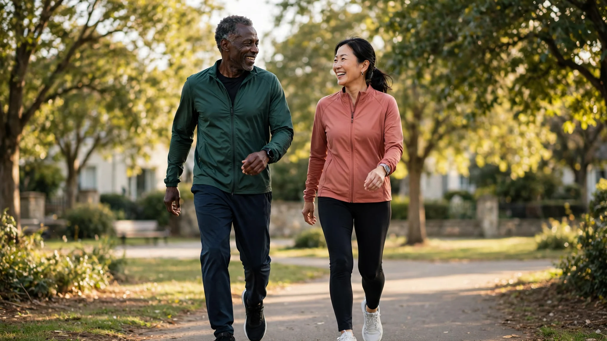 Two adults enjoying a brisk walk on a sunlit park path.