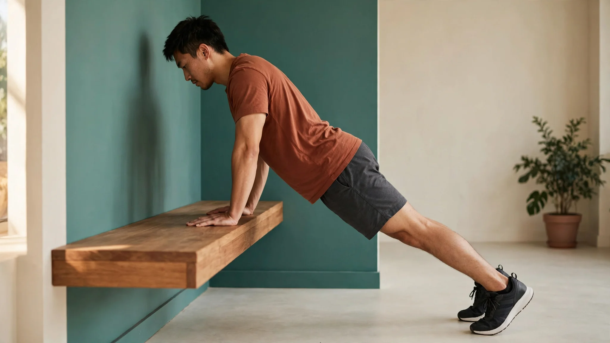 Man holding an incline push-up position against a fixed wooden platform.