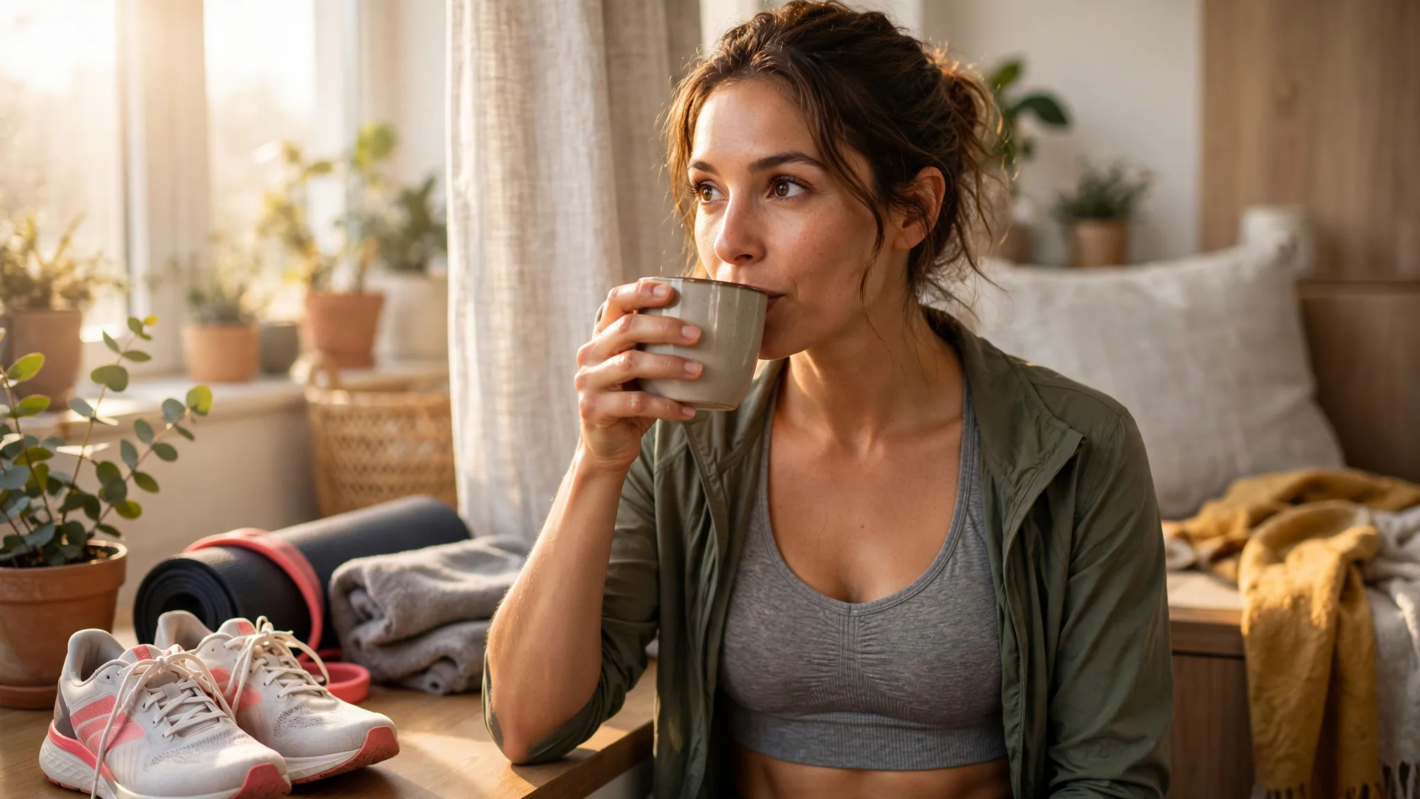 Bright editorial adult sipping coffee near sneakers before casual home workout, no energy claims, colorful warm morning.