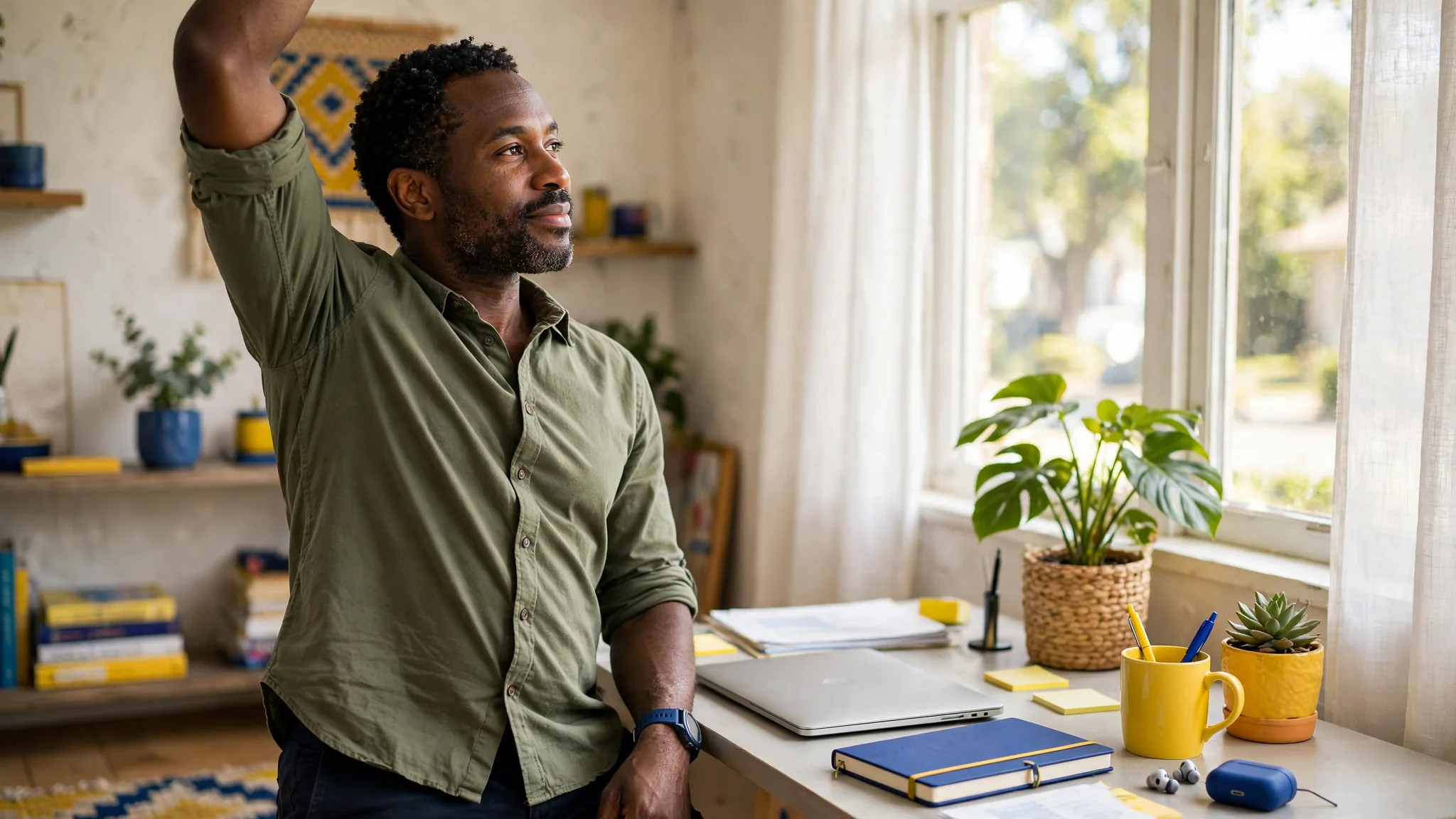 A Black man in his early 40s taking a standing movement break beside a home-office desk.