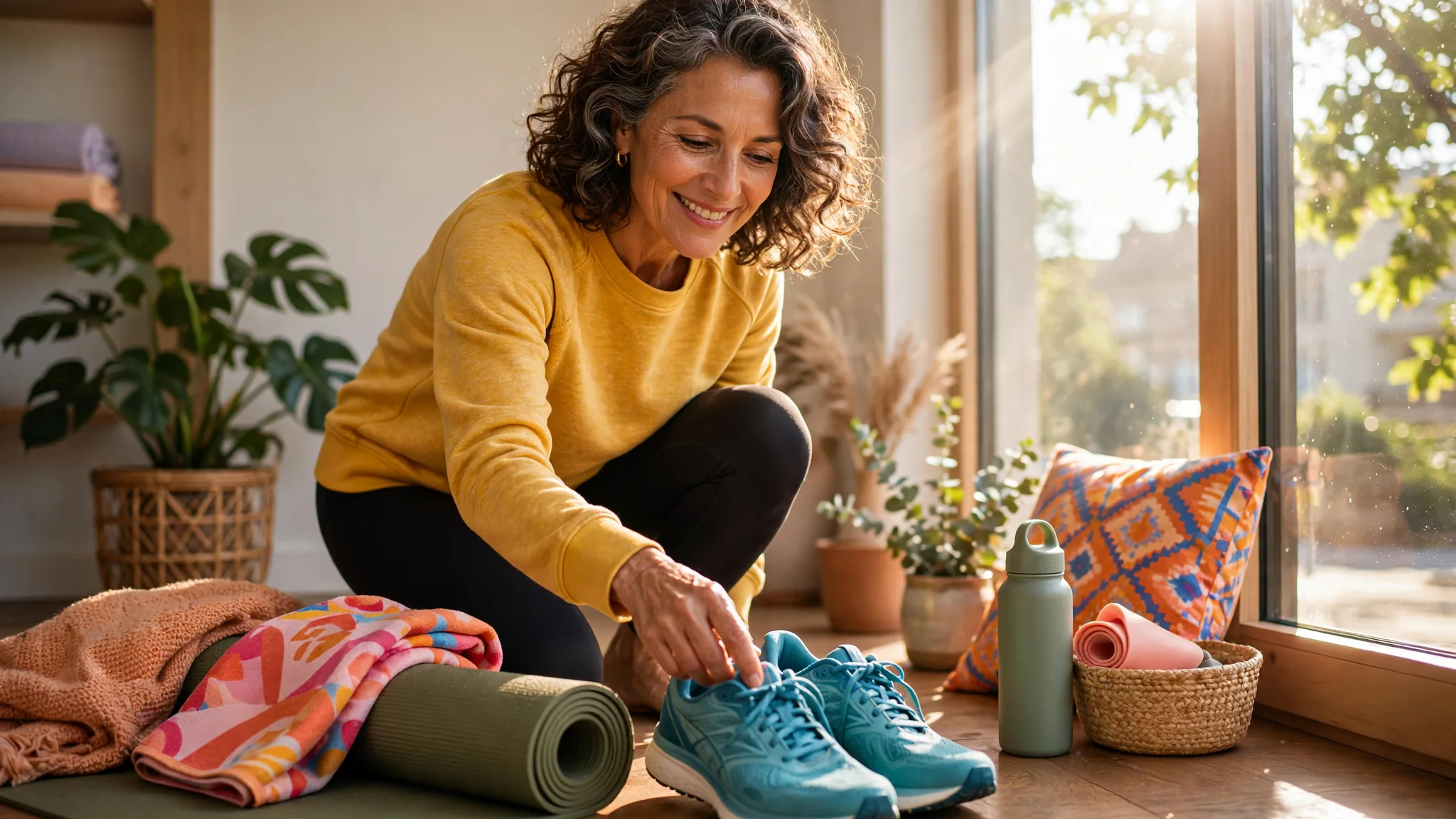 Mature adult confidently setting down shoes beside sunny window and exercise mat, playful vivid color, reassuring candid energy.