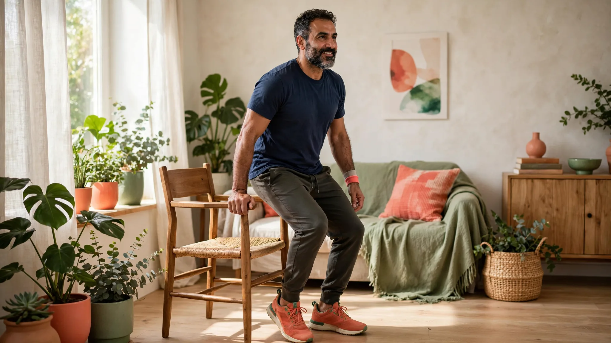 A Middle Eastern man in his late 40s practicing a controlled chair stand.