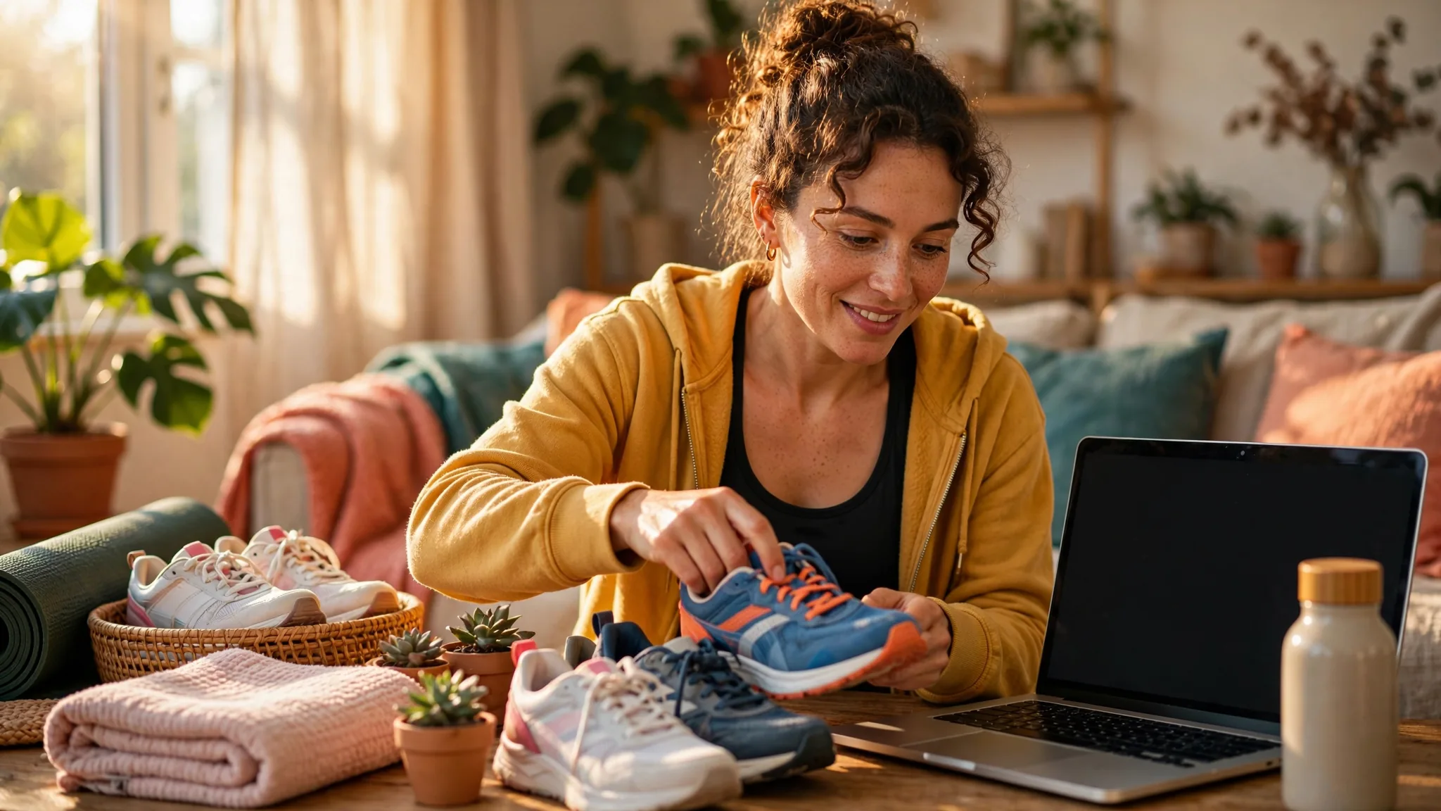 Busy adult in colorful home multitasking gently arranging sneakers and laptop, optimistic playful, no clutter hazards.