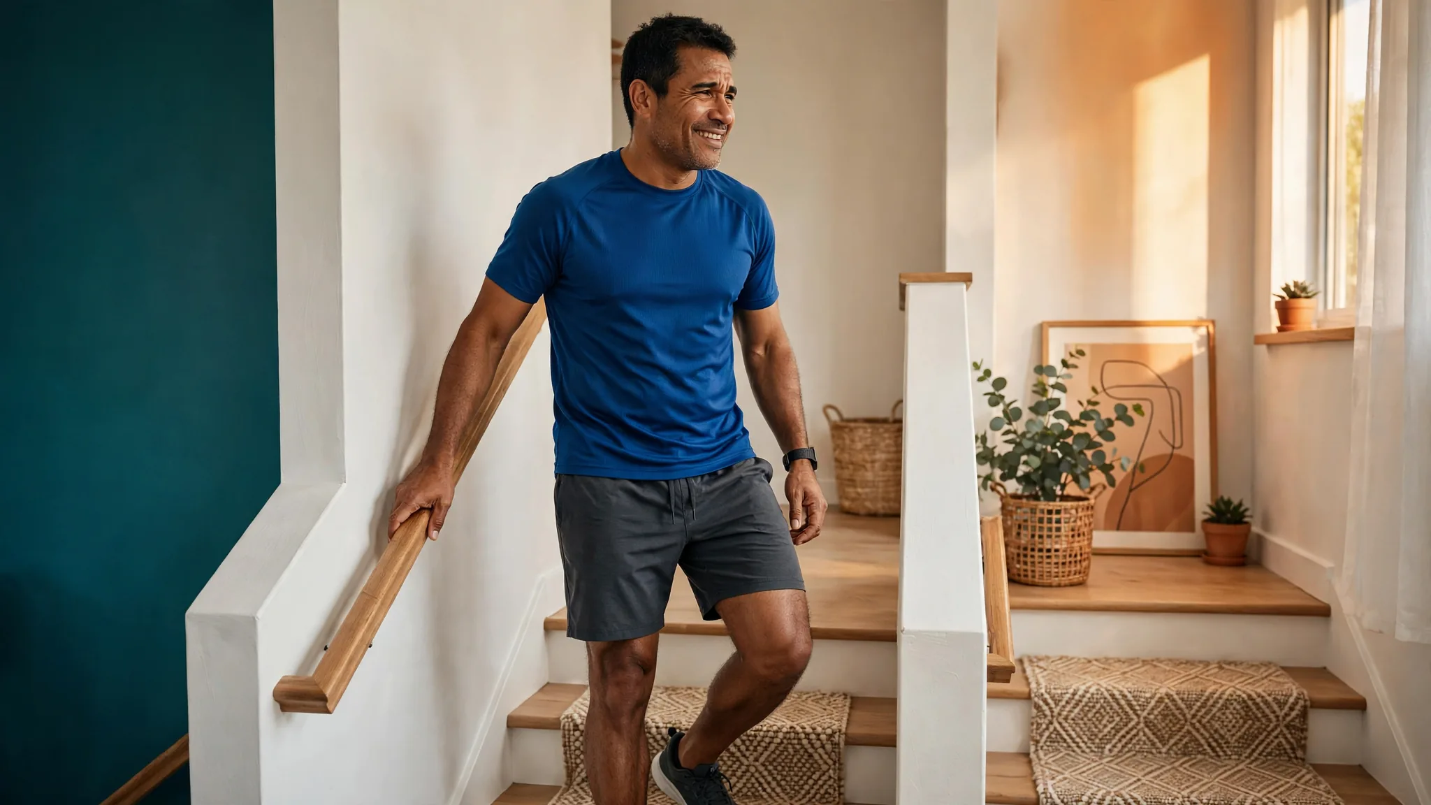 An adult Latino man, age 38, average sturdy build, resting halfway up a stair at home after a workout.