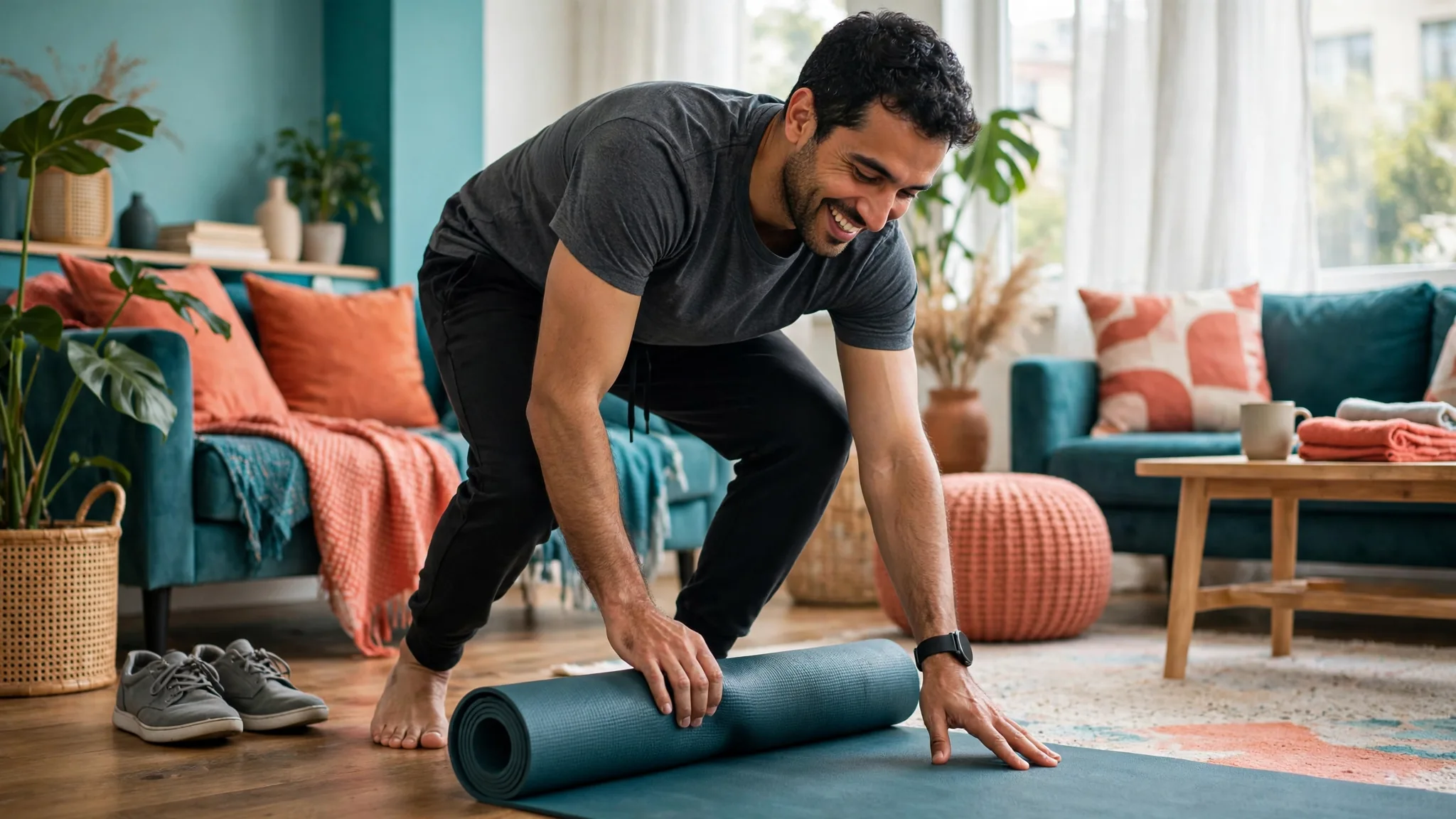 An Arab man in his mid-30s returning to a home workout after a busy day.