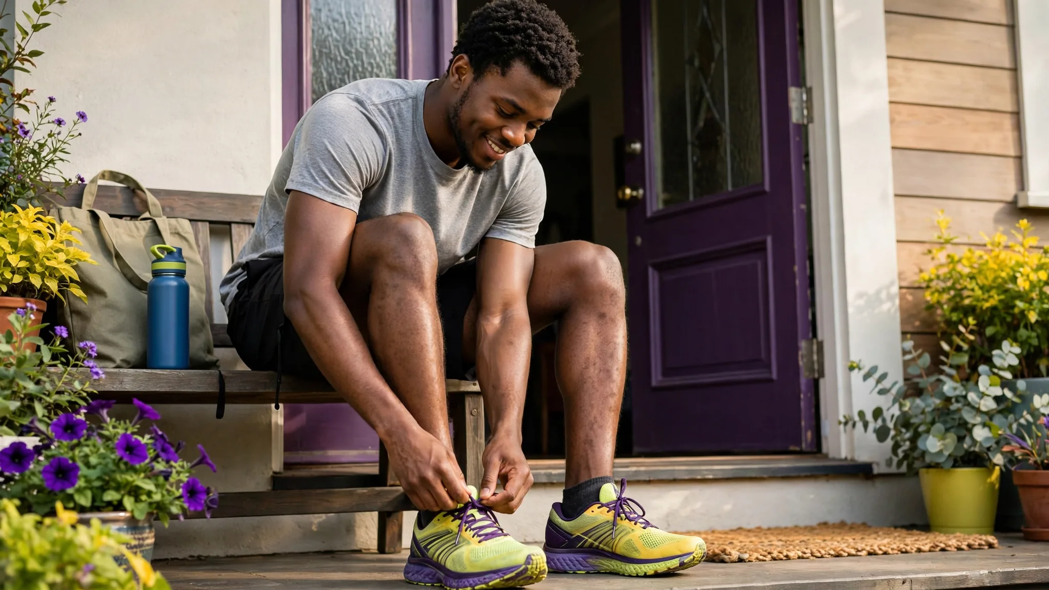 A Black man in his mid-20s getting ready for movement at home.