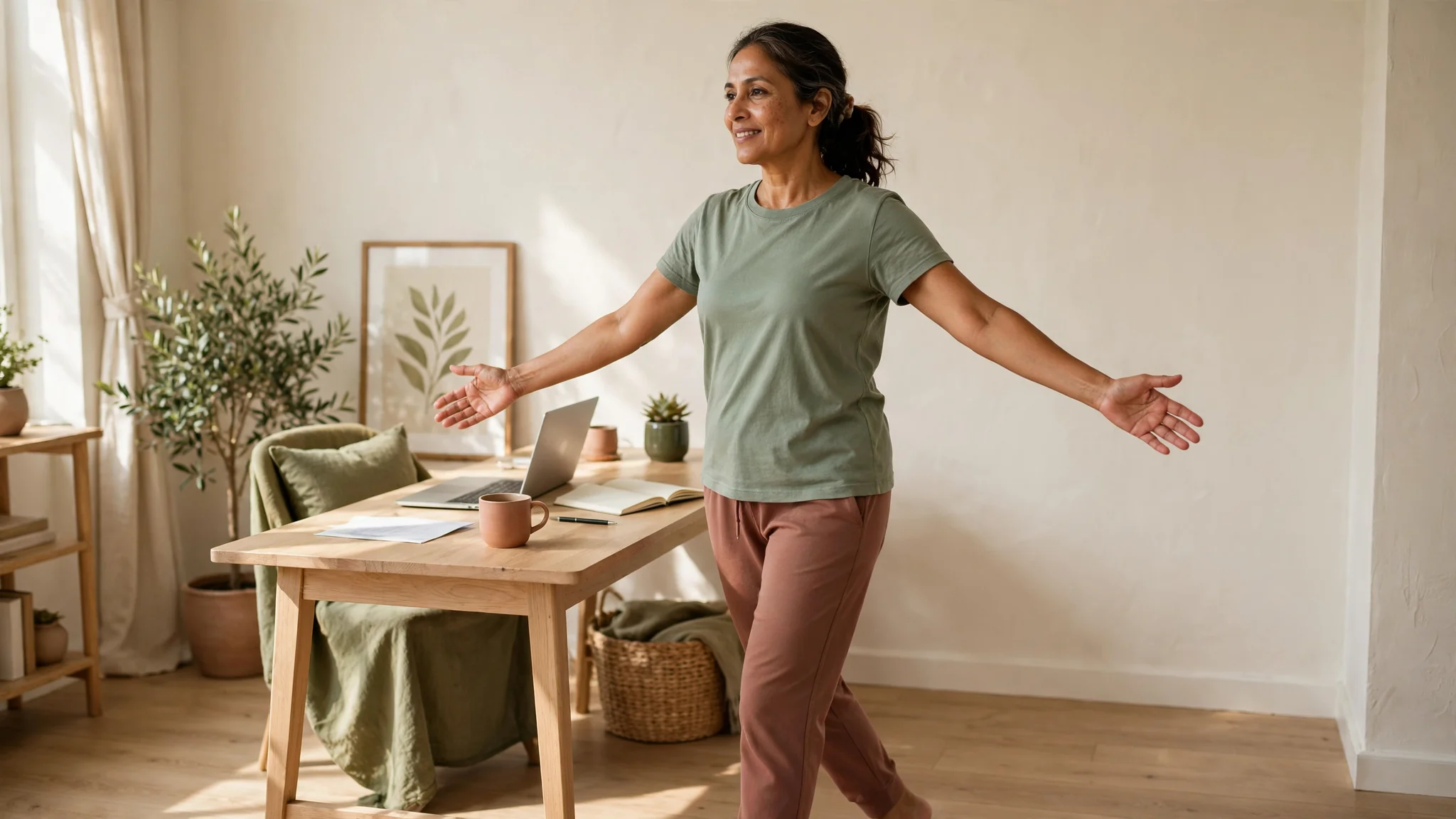 Woman opening her arms during a movement break beside her desk.