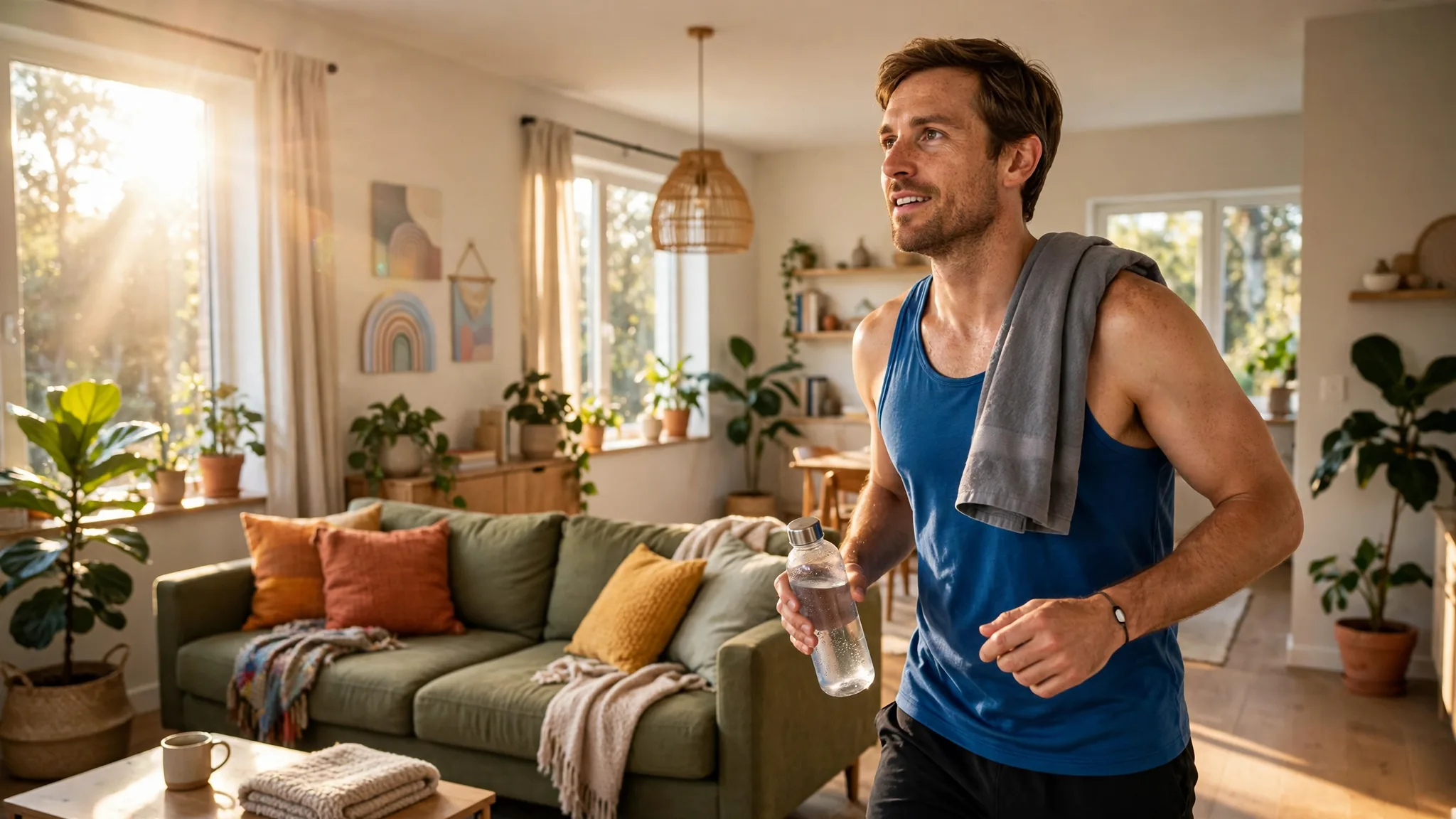 Adult in vivid bright living room holding towel/water at start of bodyweight session, action-ready, no equipment.