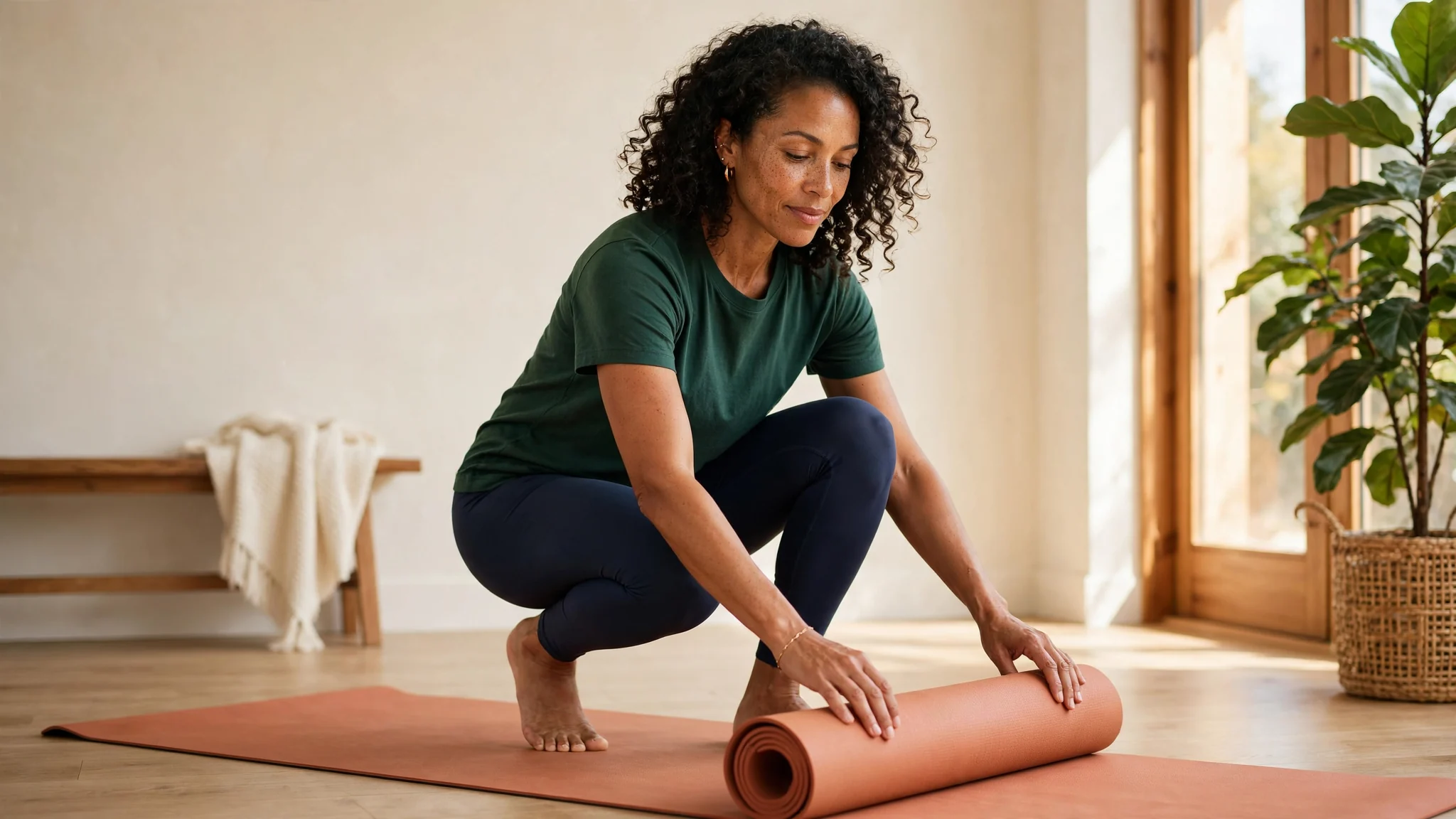 Woman unrolling an exercise mat beside a bright living-room window.