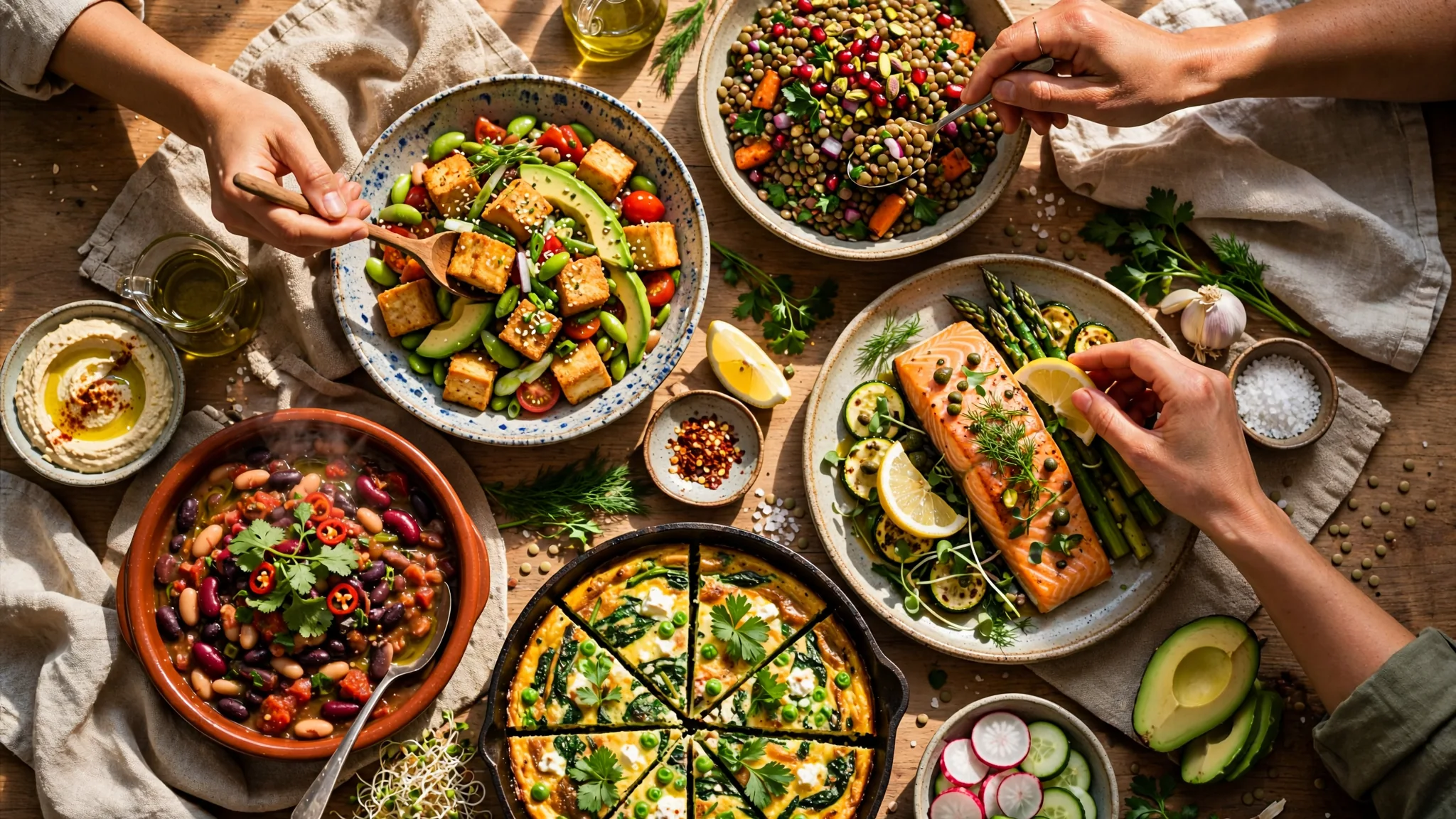 Vibrant overhead editorial table with colorful tofu lentil salmon egg bean dishes, hands serving, no text.