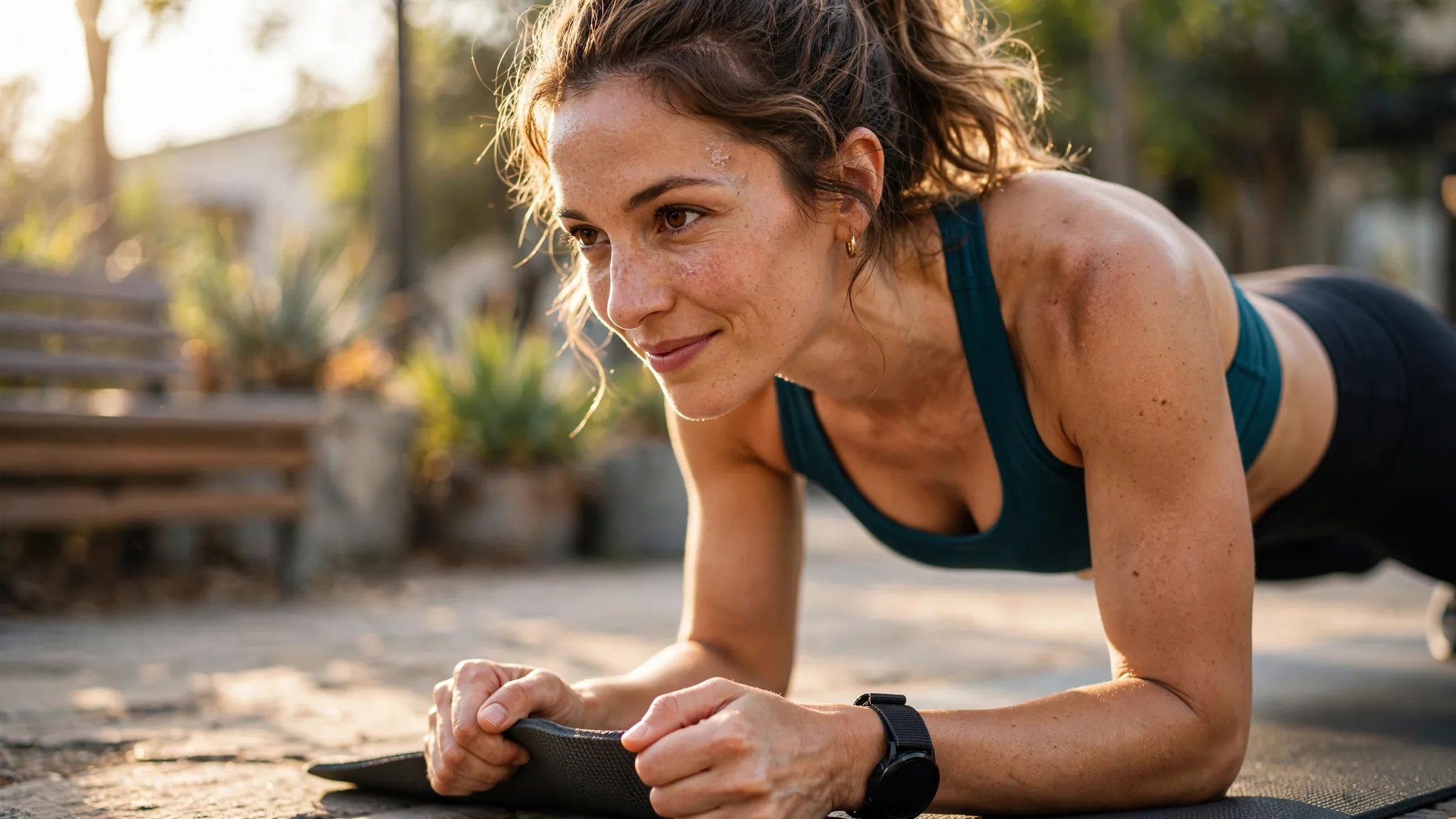 Close dynamic candid image adult holds end of controlled plank, spark of achievement without exaggerated body.
