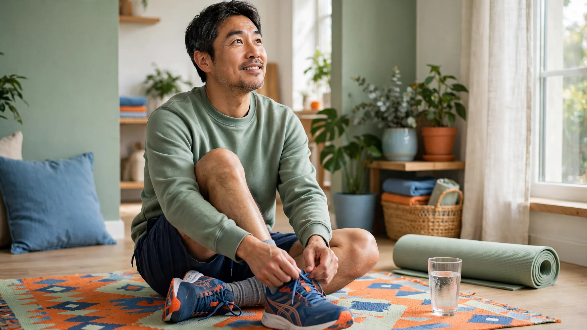 An East Asian man around 40 preparing for a beginner workout at home.