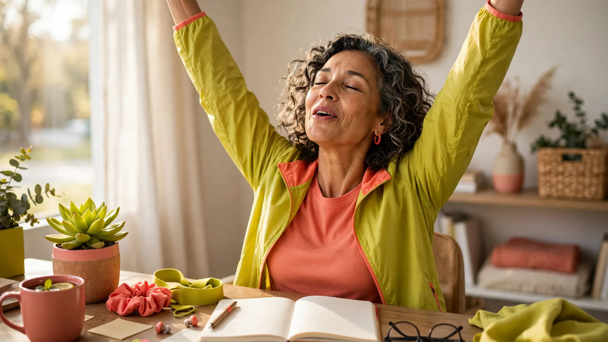 Playful candid editorial image of a multigenerational woman at a desk stretching tall with relief, bold chartreuse and coral details, expressive but natural.