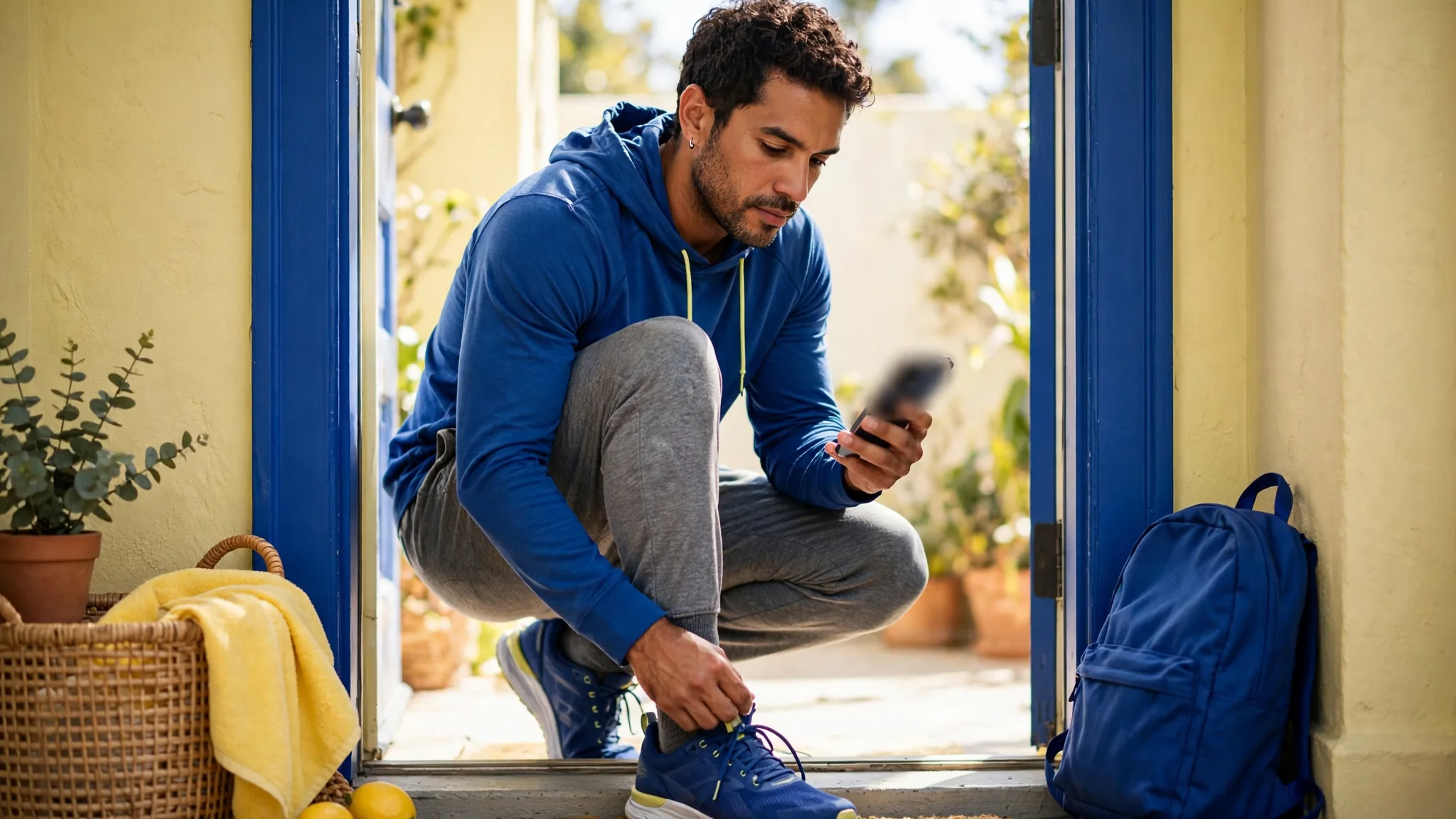 A Latino man in his early 30s fitting a workout into a busy day.
