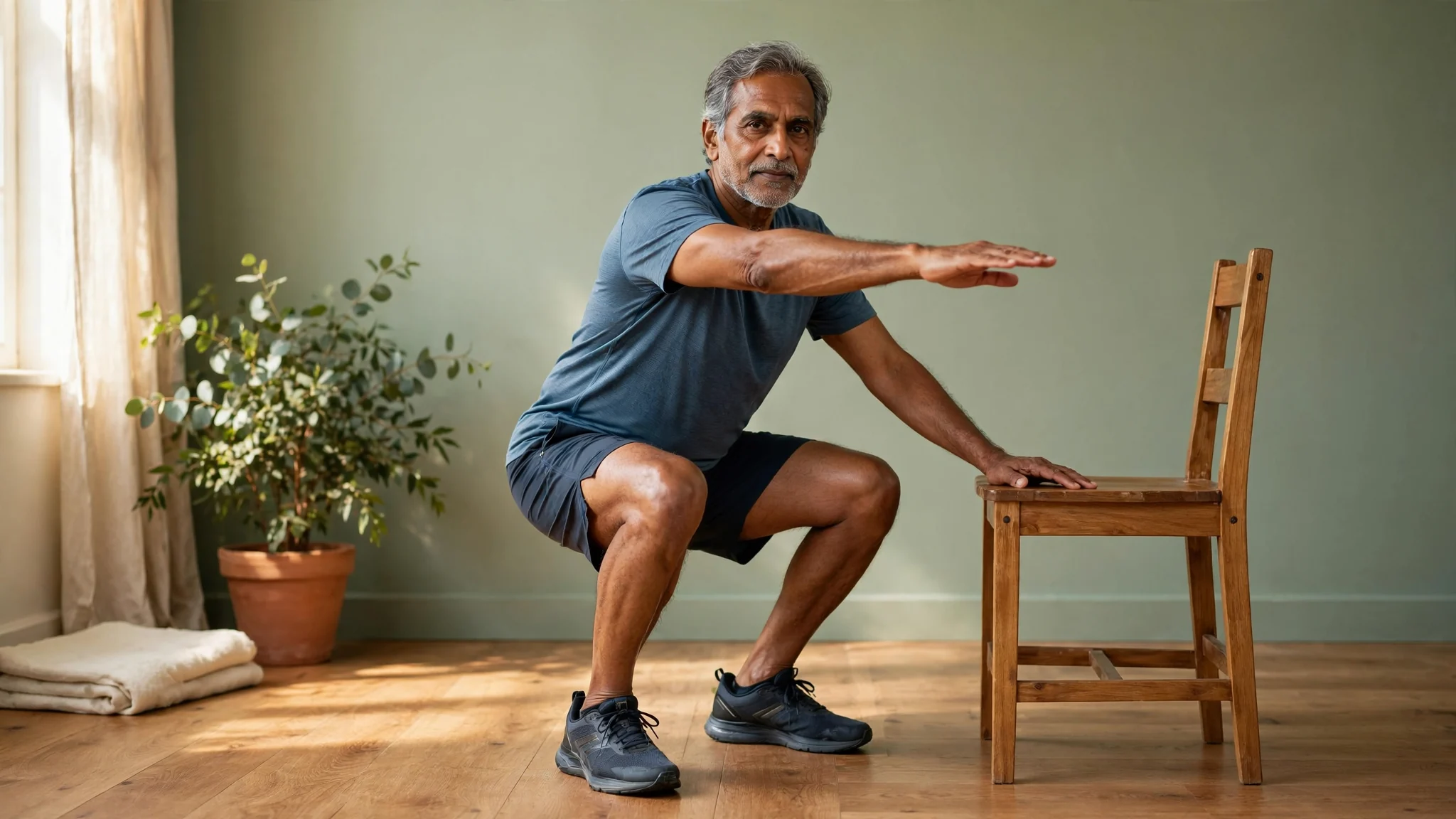 Man practicing a supported squat beside a sturdy chair in a sunlit room.