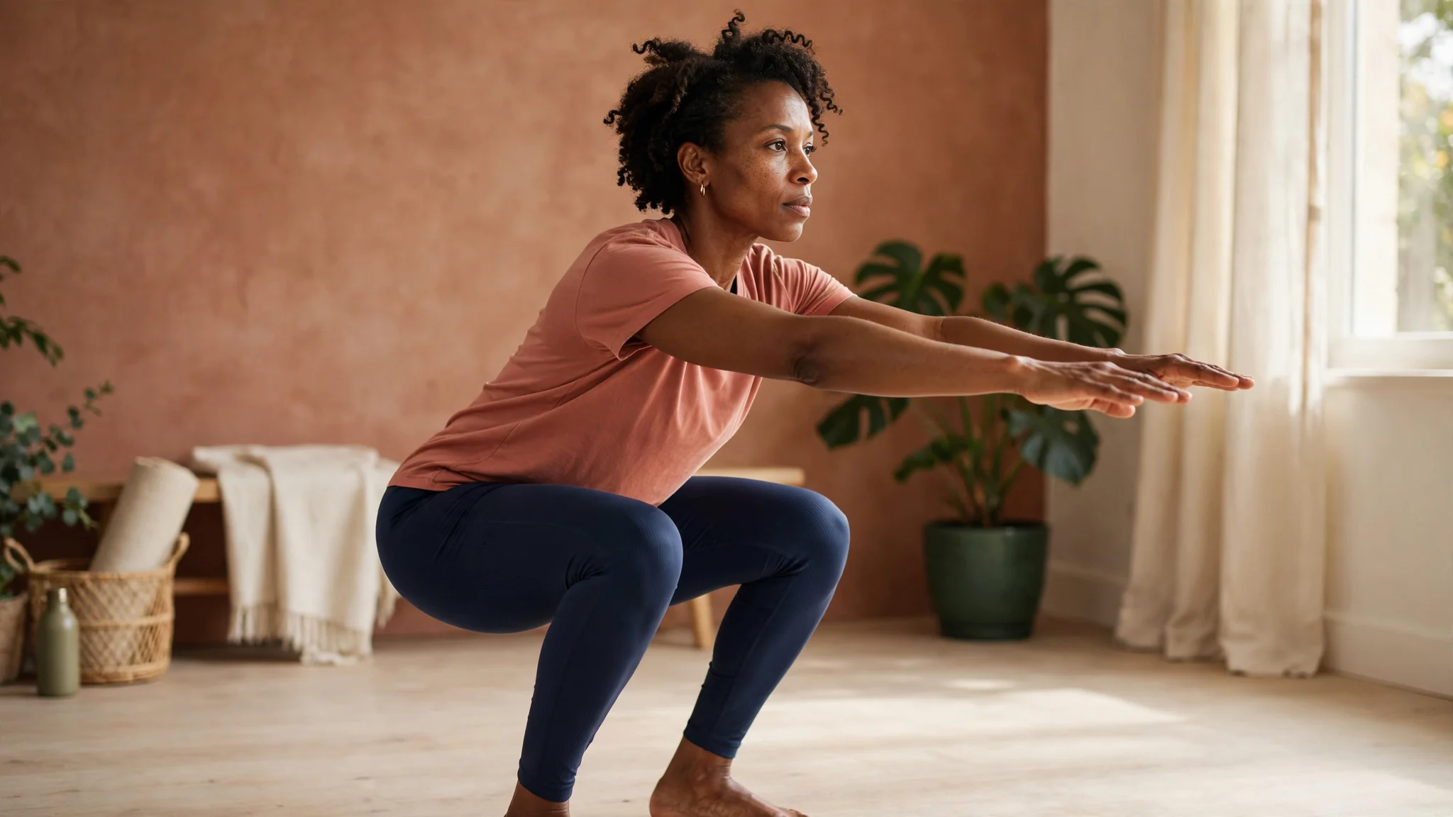 Woman practicing a bodyweight squat in a sunlit home studio.