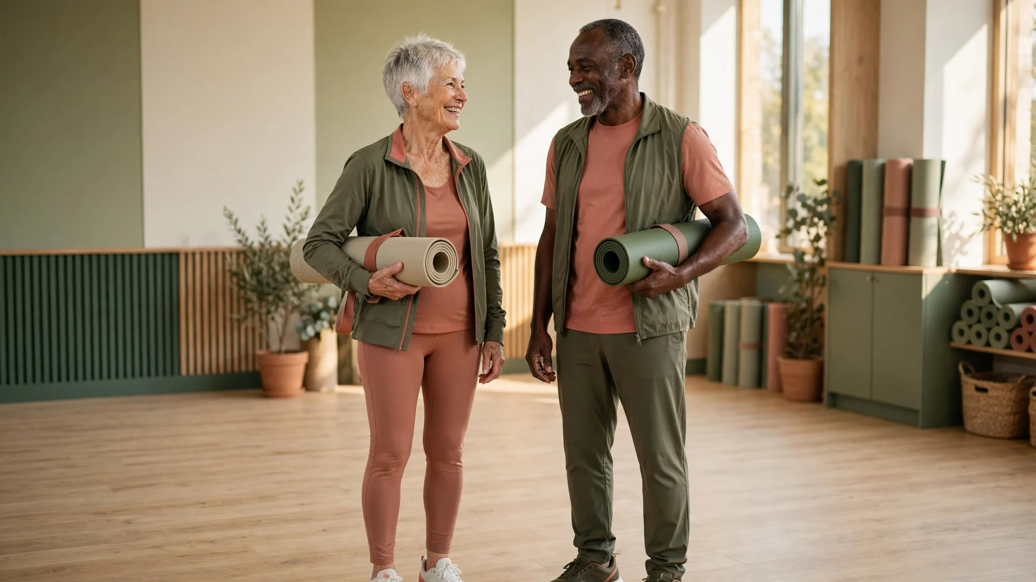 Two older adults holding exercise mats after a studio session.