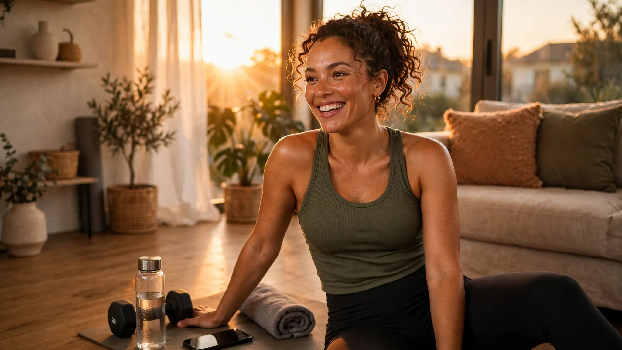 Confident joyful adult finishing a short living-room strength set with phone timer face down, warm vivid sunset color.