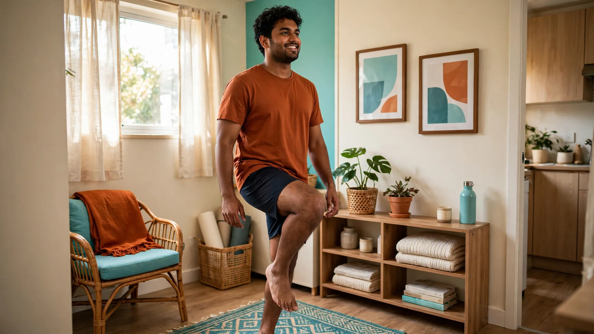 A South Asian man in his late 20s moving in a small apartment workout space.