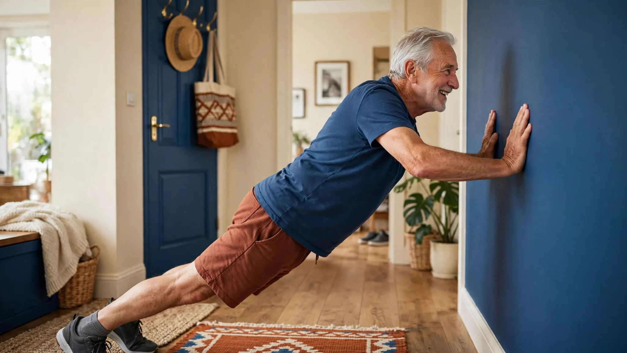 A silver-haired man about 65 doing a steady wall push-up at home.