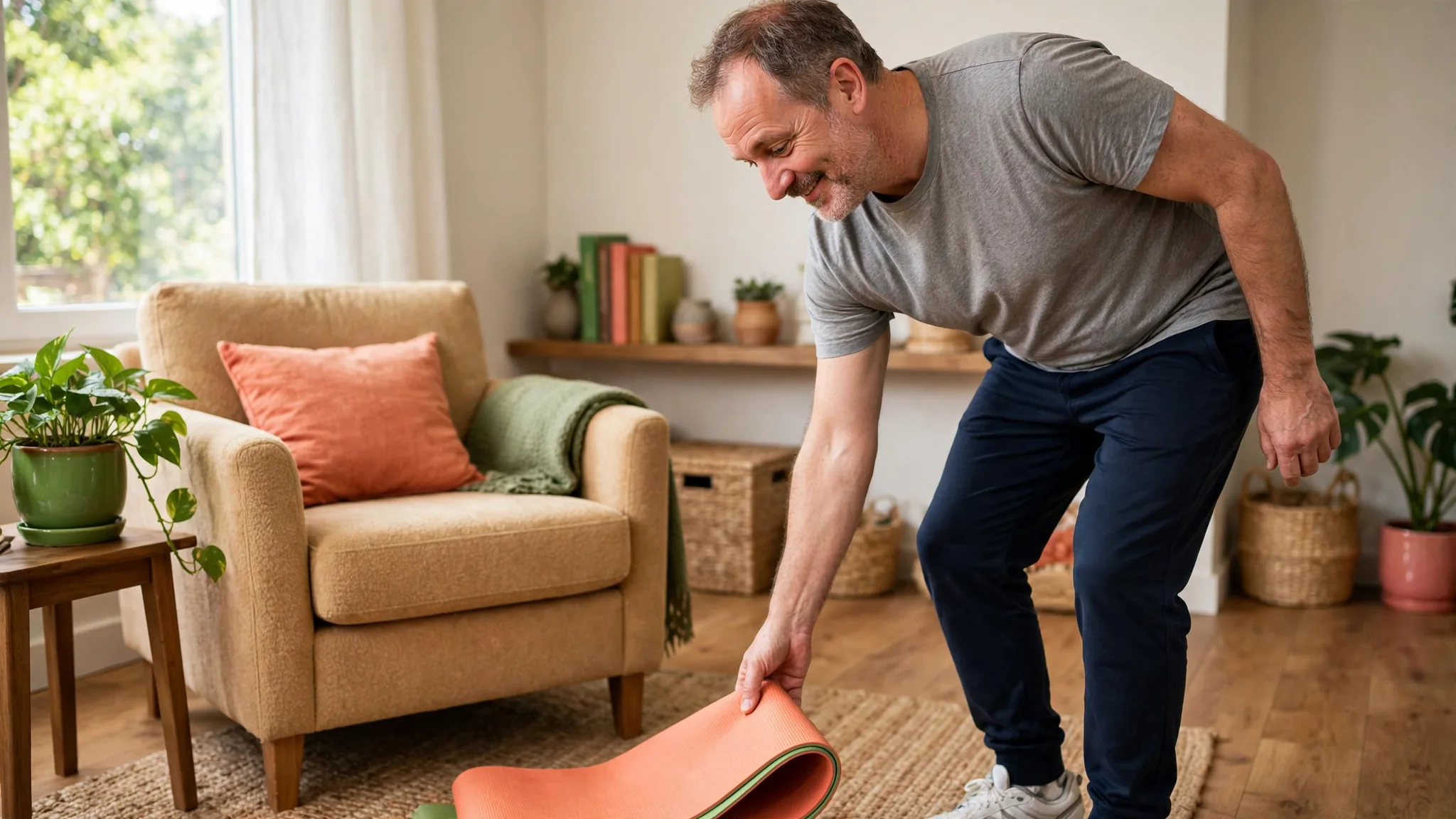 A stocky white man in his late 40s finding a low-friction way to begin a living-room workout.