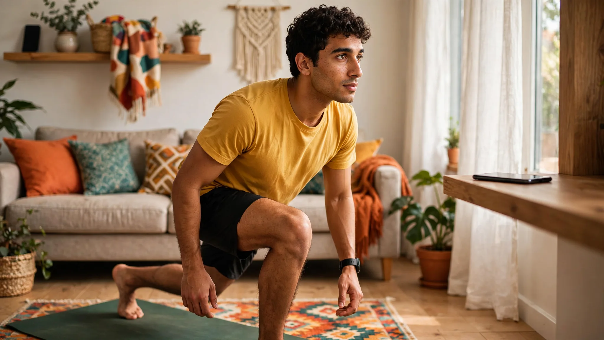 A Middle Eastern man in his mid-20s getting ready for a beginner home workout.