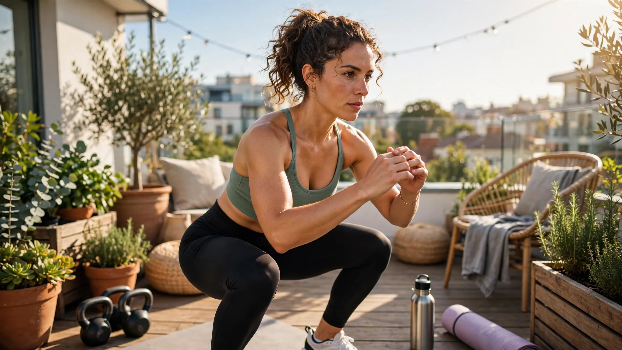 Adult performing controlled squat on bright scenic rooftop home, saturated color, look of confident focused effort.